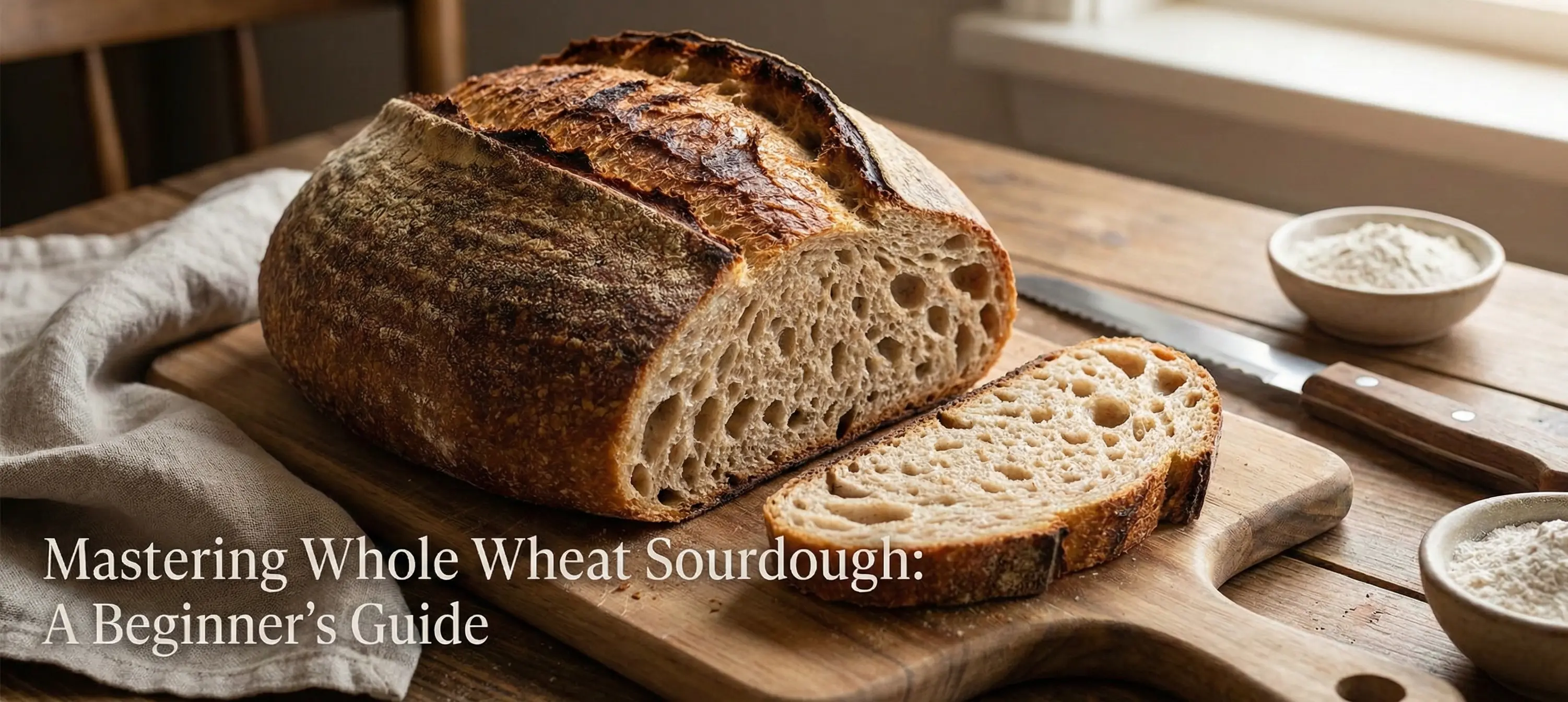 A beautifully baked loaf of whole wheat sourdough bread with a crispy crust and an airy crumb