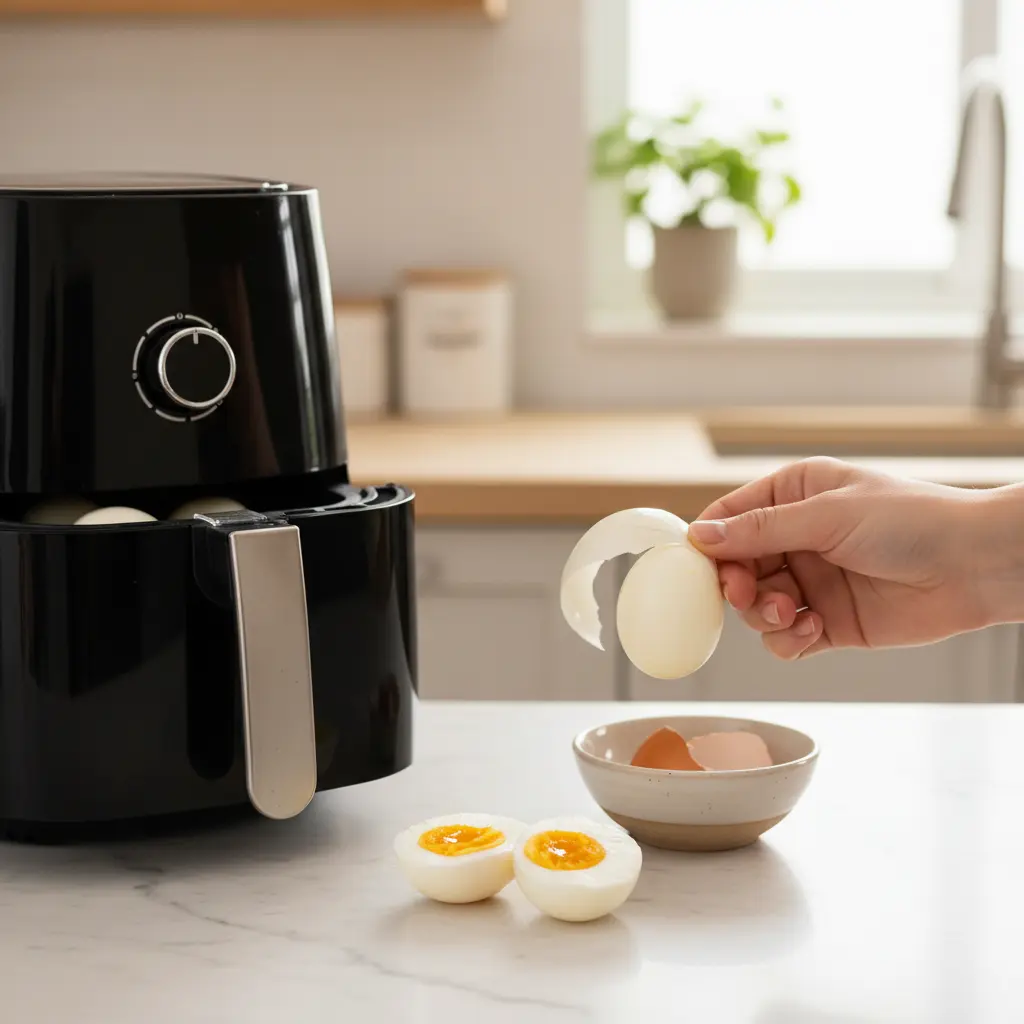 Perfectly cooked hard boiled eggs in an air fryer basket, ready for an easy peel