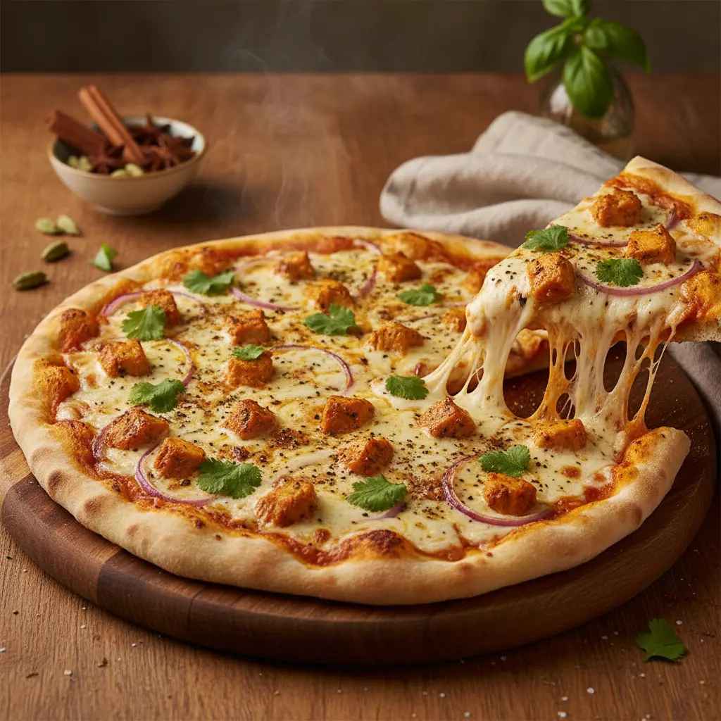 Delicious naan-based butter chicken pizza with fresh cilantro garnish, ready to serve