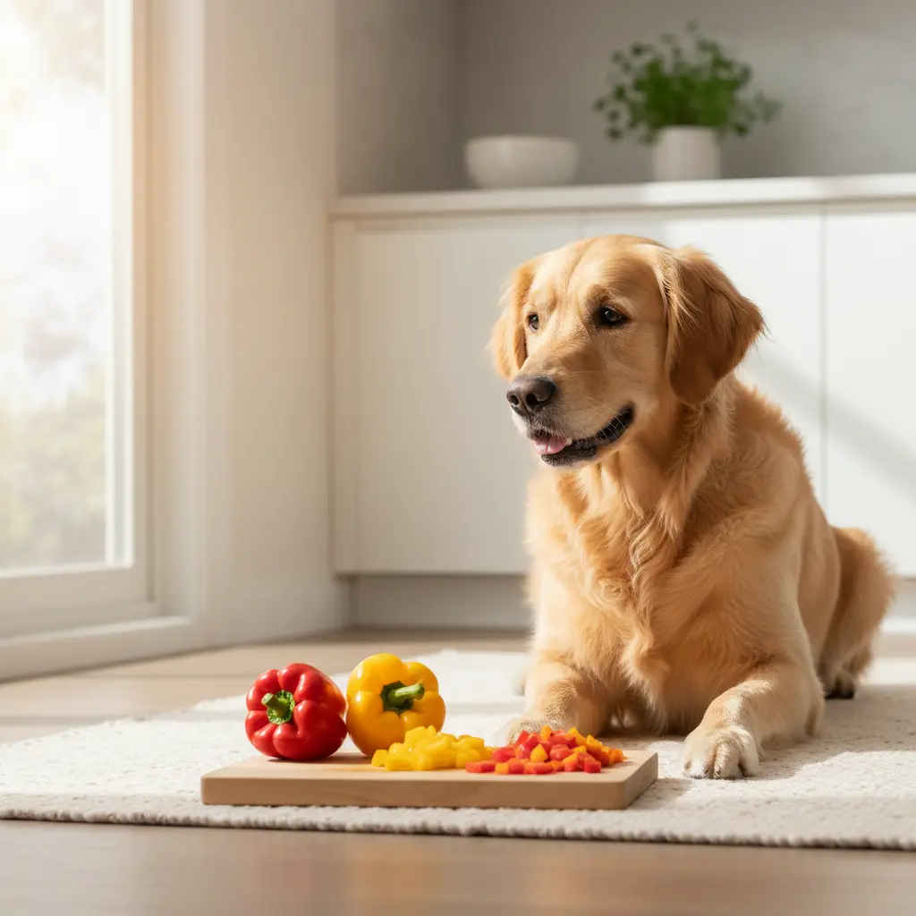 Happy dog looking at colorful raw bell peppers on a cutting board, ready to eat