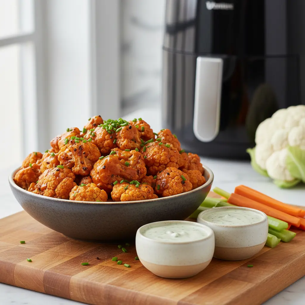 Crispy vegan buffalo cauliflower wings piled high on a plate with fresh celery sticks and vegan ranch dip