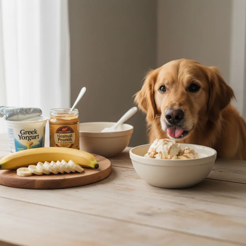 Happy dog enjoying a homemade peanut butter banana ice cream treat on a sunny day