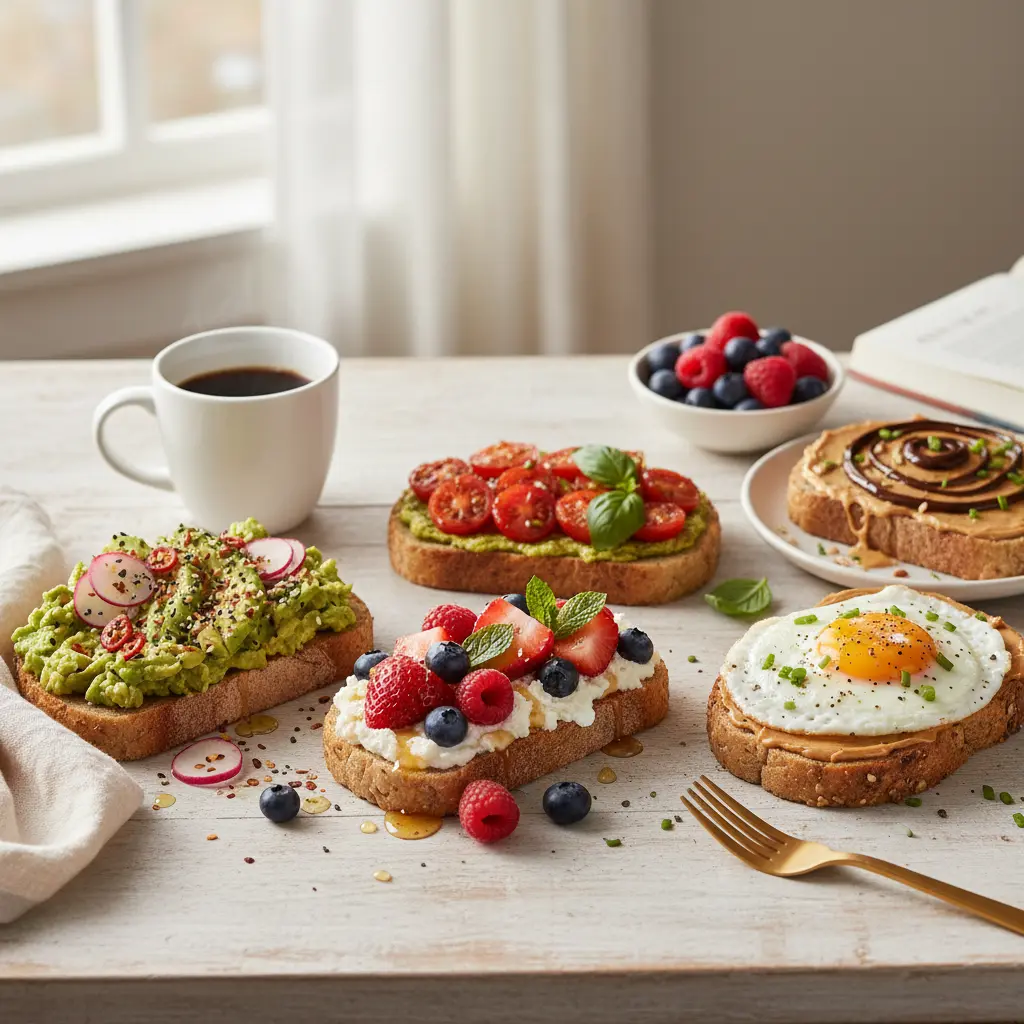 Assortment of gourmet fancy toast ideas with various toppings like avocado, berries, and eggs on a wooden board, showcasing vibrant colors and fresh ingredients.