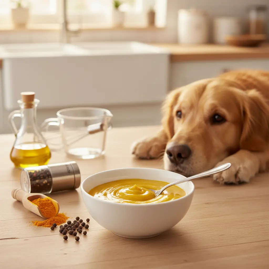 Homemade Golden Paste for dogs in a glass jar, with fresh turmeric roots and powder on a wooden surface.