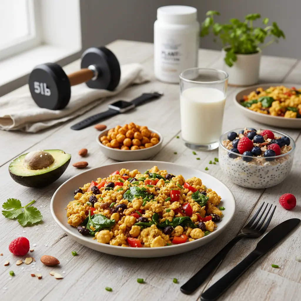A vibrant, high-protein vegan breakfast spread featuring mung bean scramble, avocado, and soy-free sausages, perfect for muscle building.