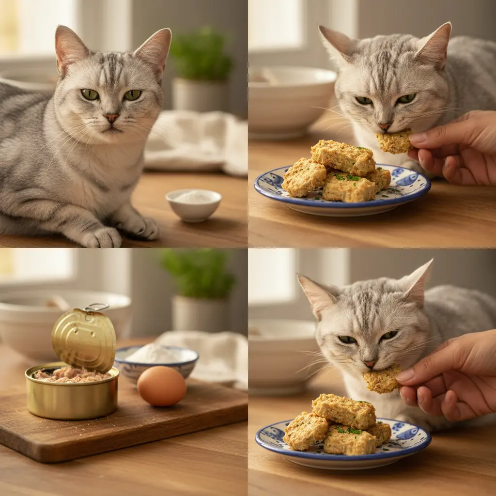 A cat eagerly sniffing delicious homemade tuna treats baked on a tray.