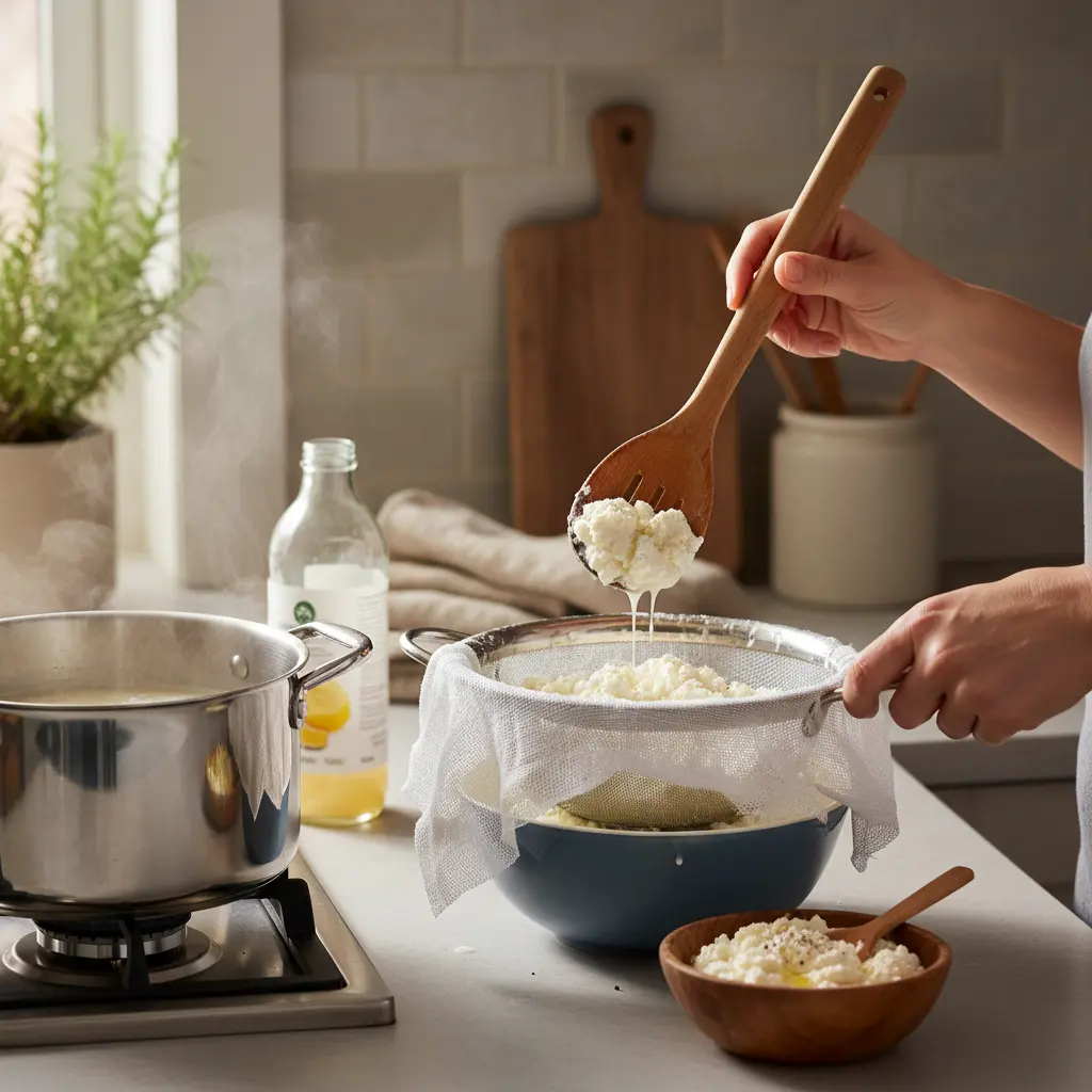 Creamy homemade ricotta cheese draining in cheesecloth