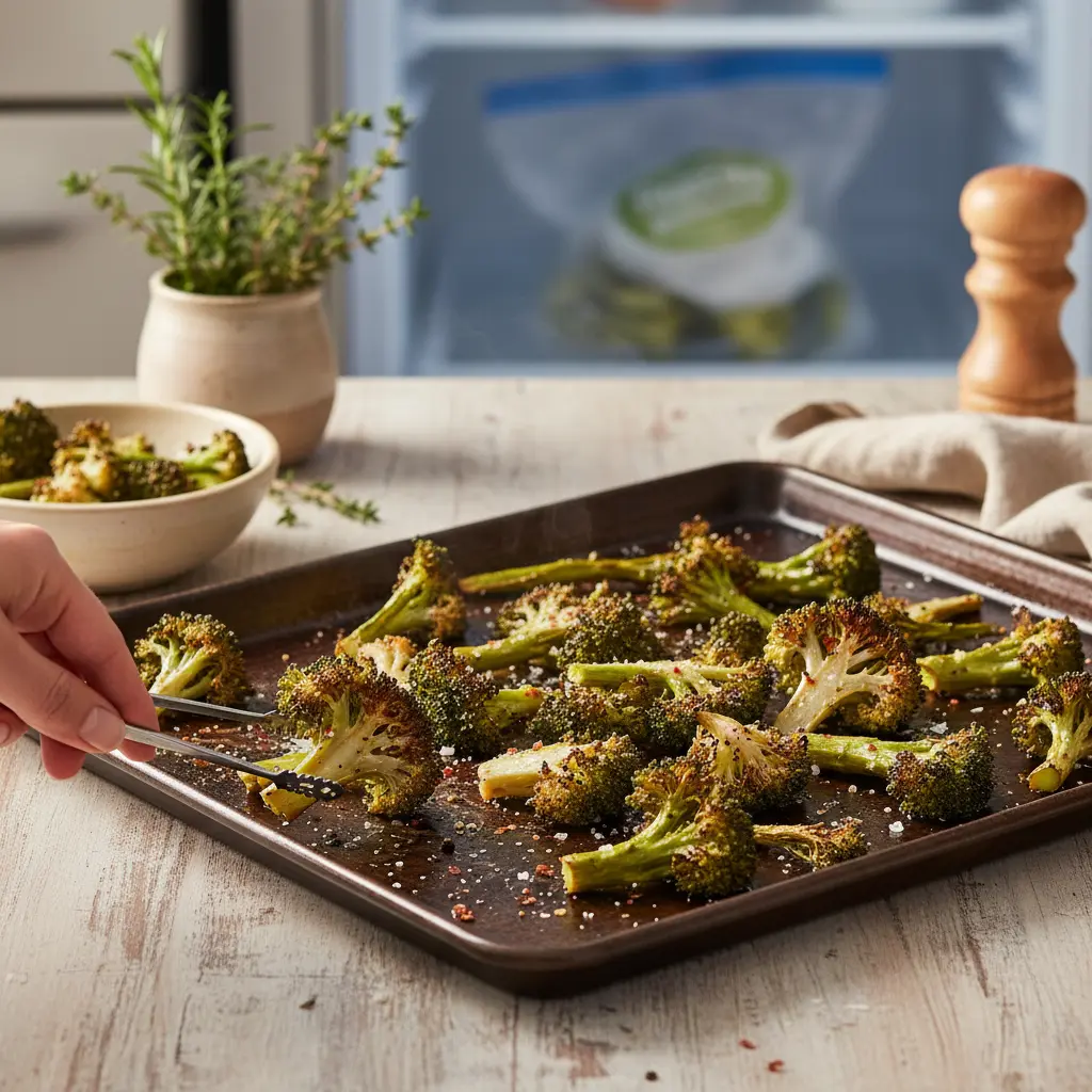 Close-up of perfectly roasted, crispy frozen broccoli florets with charred edges on a baking sheet, seasoned and ready to eat.