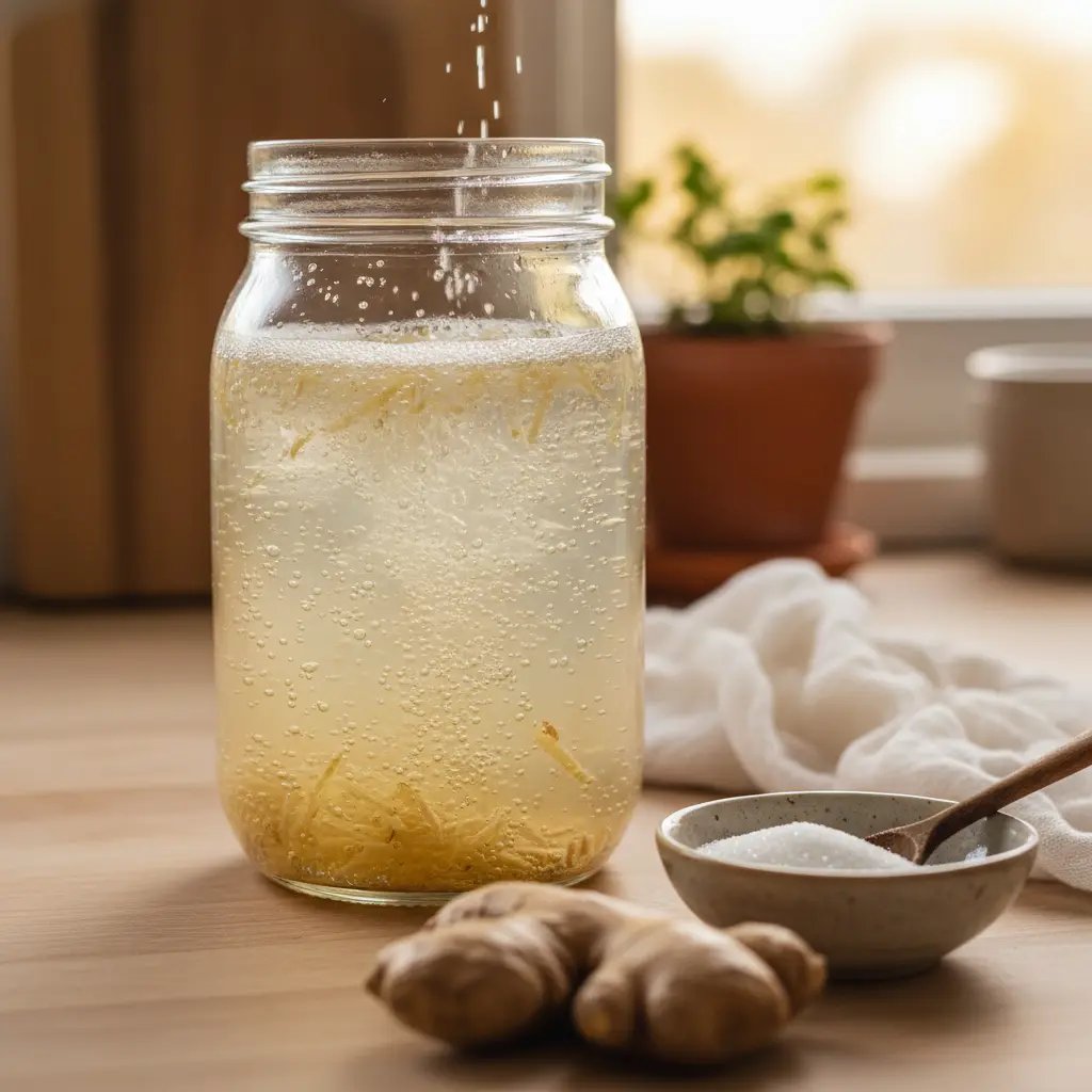 A close-up of an active ginger bug culture in a glass mason jar, showing small bubbles and grated ginger pieces.