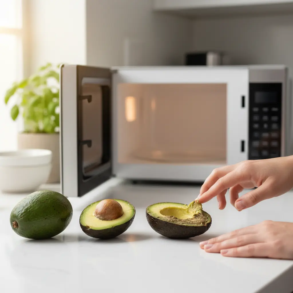 Unripe avocado, hard and green, on a kitchen counter next to a microwave, illustrating the concept of quick ripening attempts.