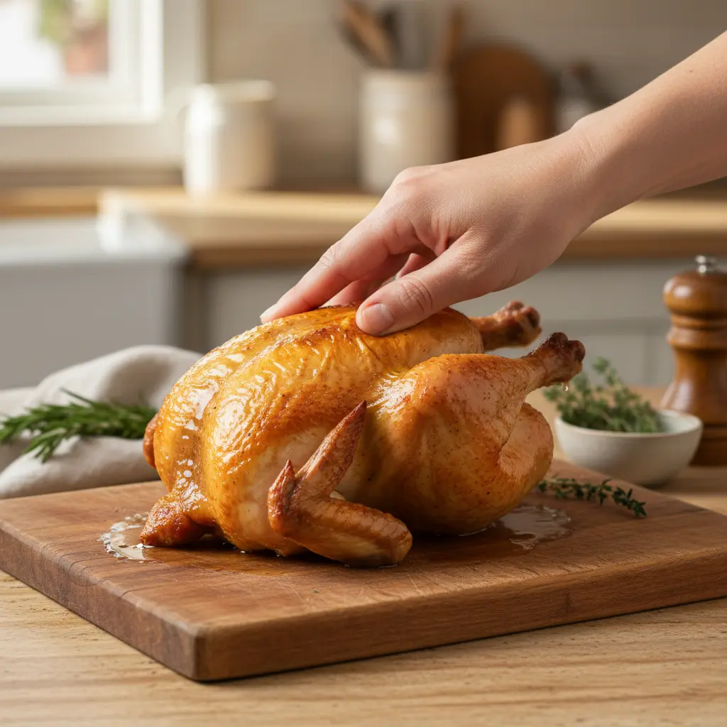 Chef examining cooked chicken with a knife, steam rising