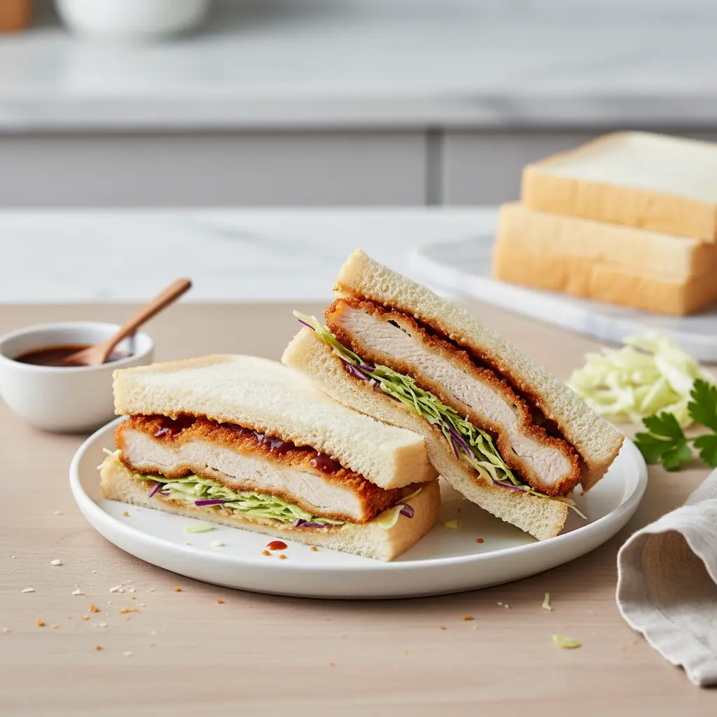 Perfectly cut Chicken Katsu Sando with crispy chicken, shredded cabbage, and soft Shokupan bread on a minimalist plate.