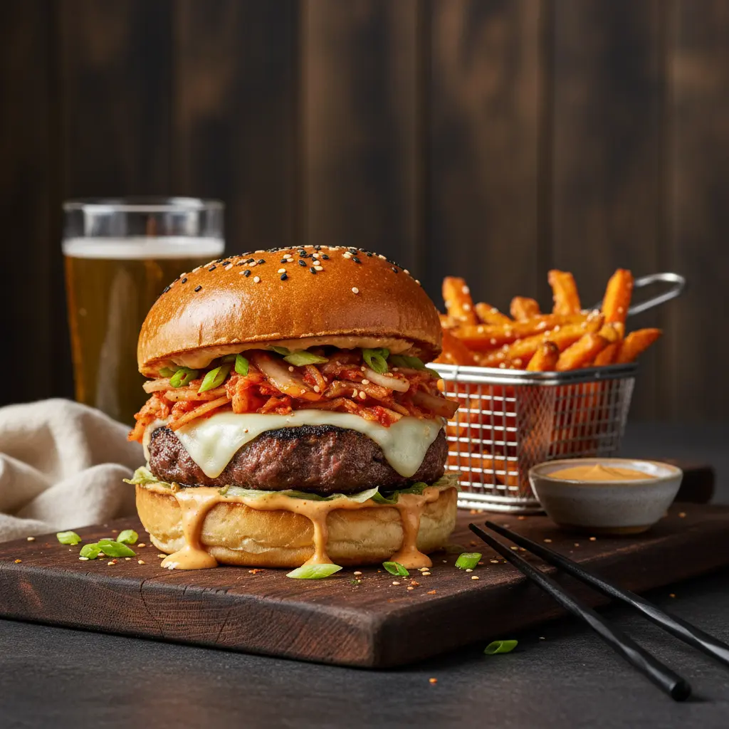 Gourmet kimchi burger with a perfectly cooked patty, melted cheese, and fresh kimchi topping on a brioche bun.