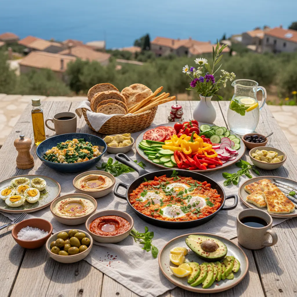A vibrant Mediterranean breakfast spread with eggs, vegetables, olives, and whole grain bread, showcasing savory options.