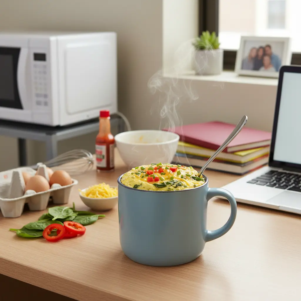 Delicious and fluffy omelet in a mug, cooked perfectly in the microwave, ready for breakfast.