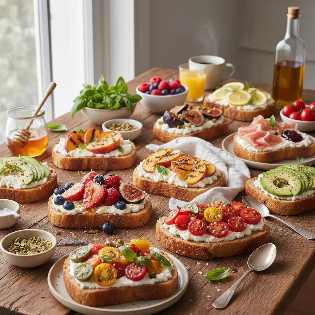 Variety of ricotta toast ideas, some with sweet toppings like berries and honey, others with savory toppings such as tomatoes and basil.
