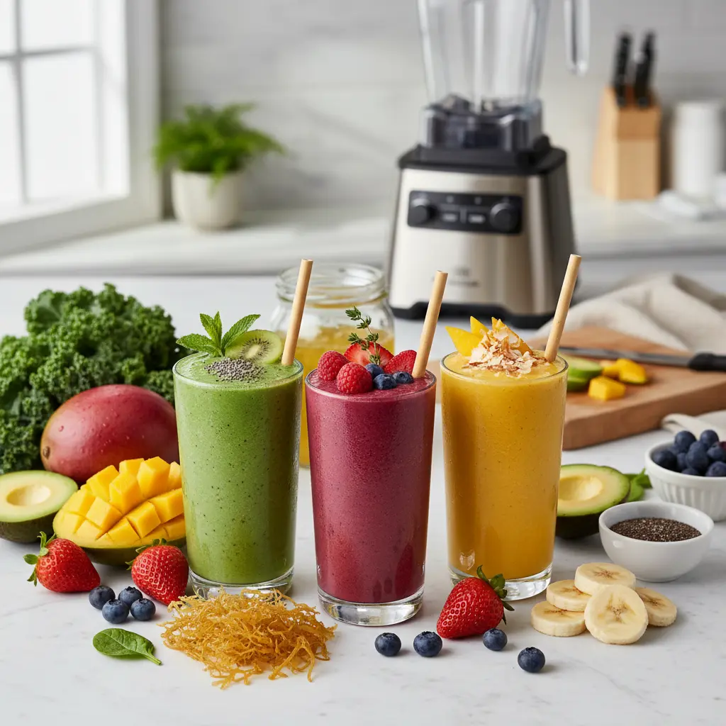 Delicious fruit sea moss smoothie with fresh berries and banana, vibrant and healthy.