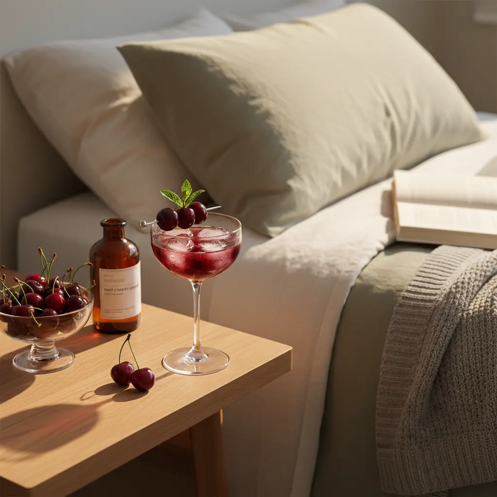 Ruby-red Sleepy Girl Mocktail in a glass with ice and cherries, ready to drink