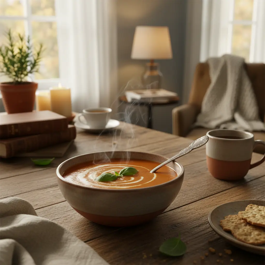 A beautifully arranged single serving of creamy soup in a rustic bowl, garnished with fresh herbs, representing a comforting soup for one meal.