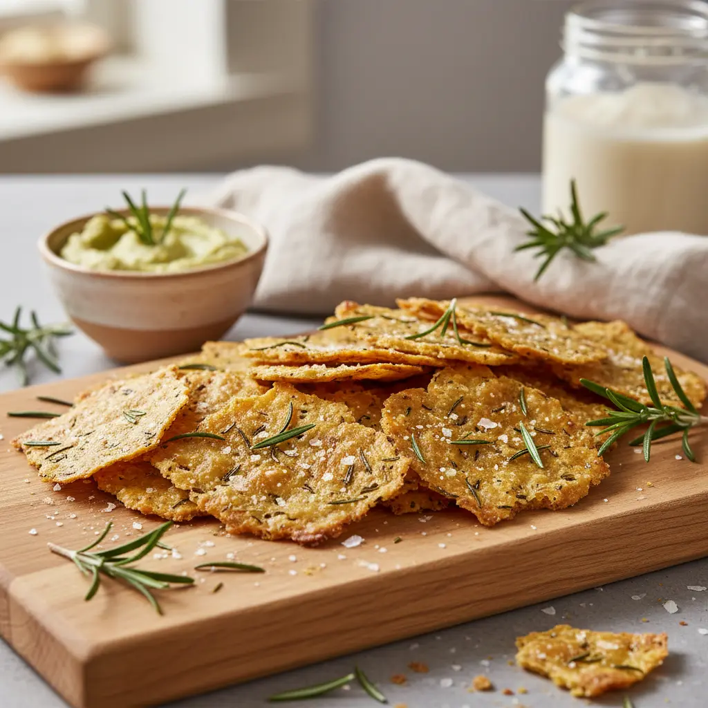 Crispy golden-brown sourdough discard crackers with fresh rosemary sprigs on a wooden board