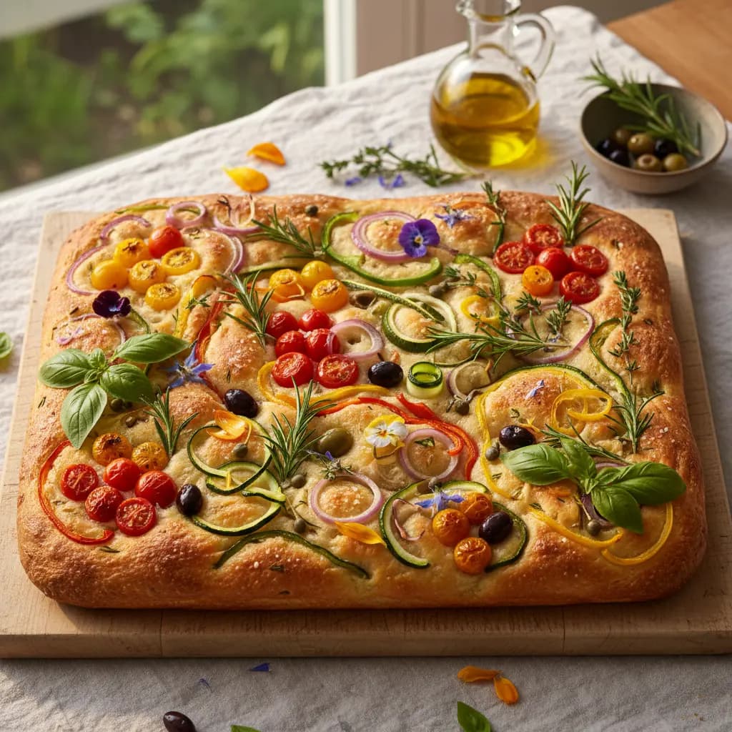 Close-up of a beautifully decorated sourdough focaccia bread resembling an edible flower garden with various vegetables and herbs