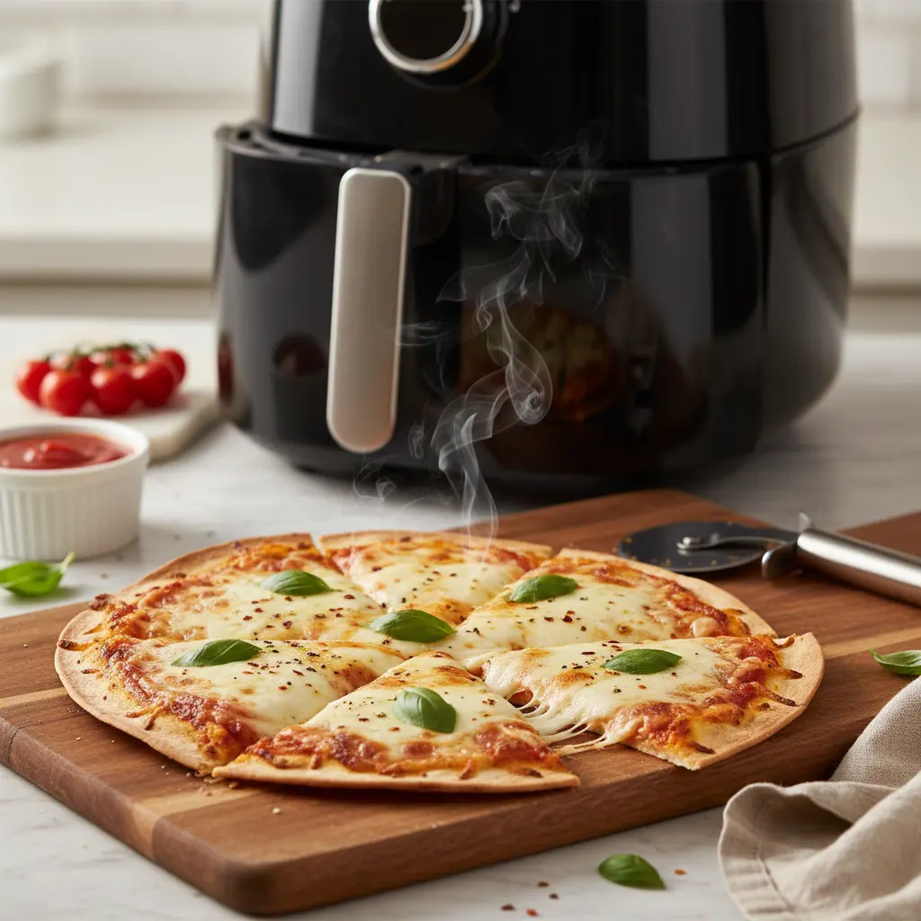 Crispy air fryer tortilla pizza with melted cheese and toppings, ready to eat