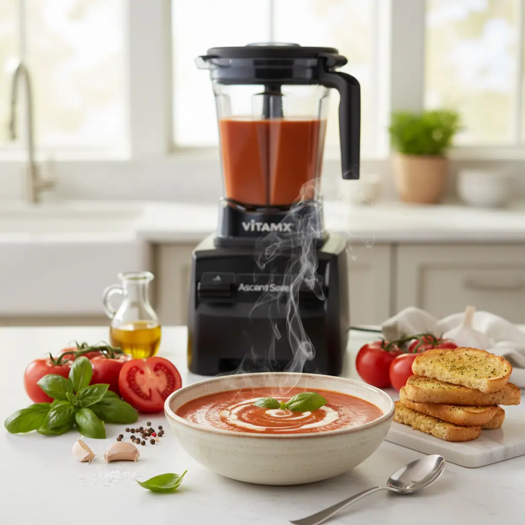 A close-up of a steaming bowl of Vitamix tomato soup garnished with fresh basil, ready to serve.