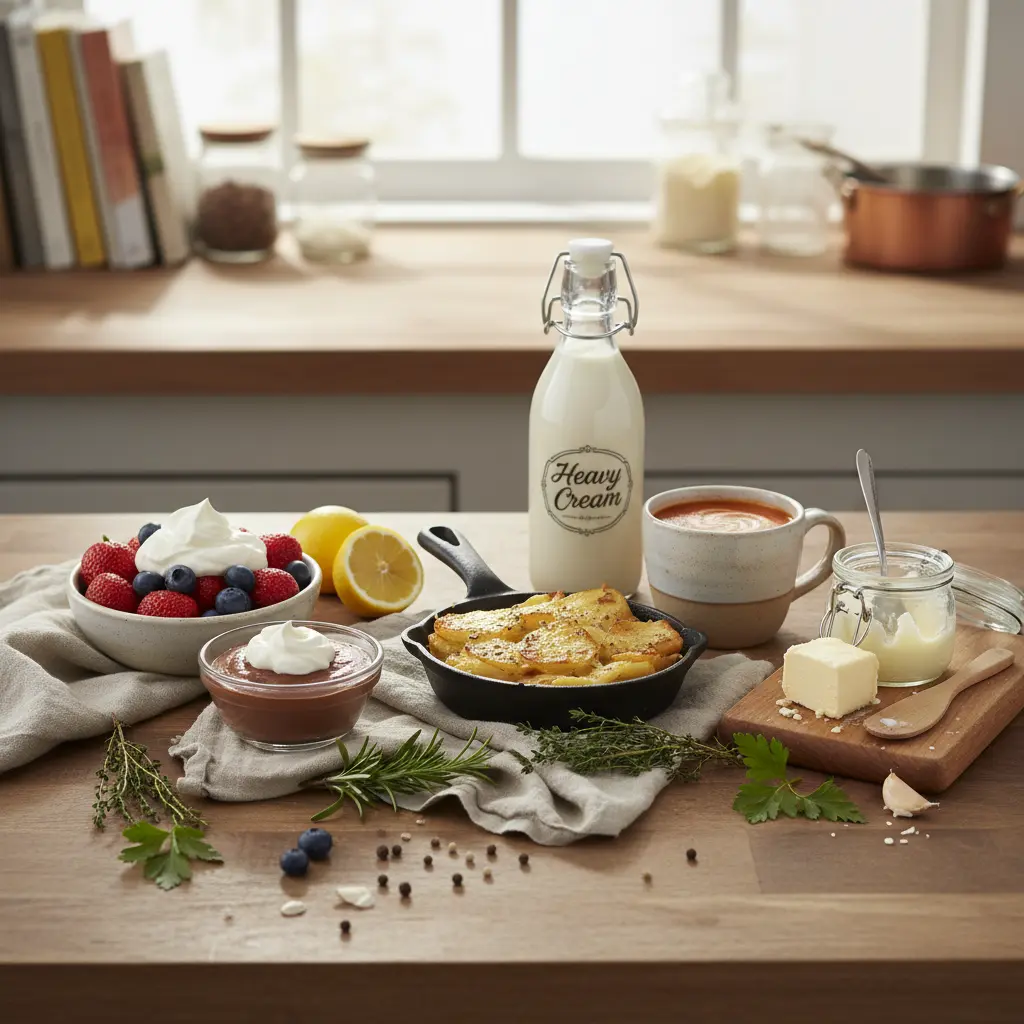 Open carton of heavy cream with a measuring cup, symbolizing leftover cream